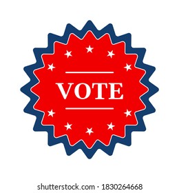 Vintage round VOTE sign badge with American flag elements stars frame in blue red white colors. Presidential election campaign slogan
