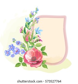 Vintage round watercolor frame with bouquet blue, pink, red flowers and bud: rose, poppy, forget-me-not, tweedia, stems and leaves on white background, digital draw, decorative illustration, vector