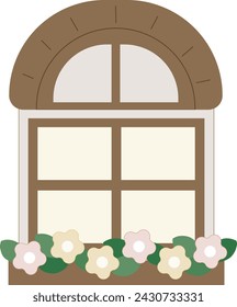 Vintage round windows outside with flower. view isolated on house wall. Outdoor home theme. Flat window vector illustrations