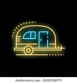 Reboque de campista arredondado vintage para viagem de estrada e publicidade de turismo brilhando em luz de néon azul e amarelo