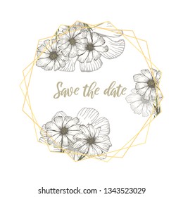 Vintage rounded frame with white chamomile flowers. Hand drawn illustration of beautiful camomiles and polygons background for botanical pattern design, greeting card decoration, wedding invitations