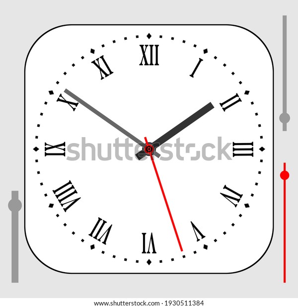 Vintage rounded square white watch dial with\
arrows, roman numerals. Vector\
illustration