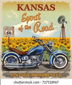 Vintage Route 66 Kansas motorcycle poster.