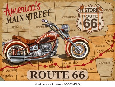 Vintage Route 66  motorcycle poster.