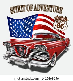 Vintage Route 66 Retro Car Poster,t-shirt Print.