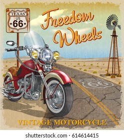 Vintage Route 66 Texas motorcycle poster.