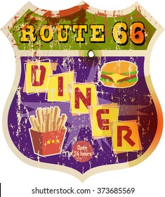 vintage route sixty six diner sign, retro style, vector illustration