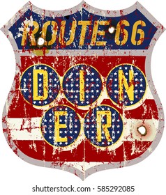 vintage route sixty six diner sign, super grungy retro style, vector,