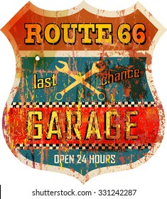 Vintage route sixty six garage sign, vector illustration, fictional artwork