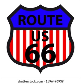 Vintage route sixty six road sign. vector illustration. Against the background of the American flag