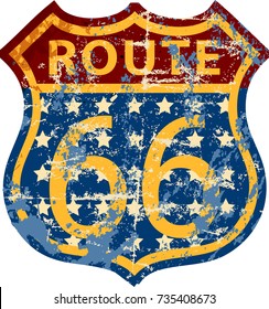 vintage route sixty six road sign,retro grungy vector illustration