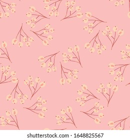 Vintage rowan berries seamless pattern on pink background. Botanical wallpaper. Floral berry backdrop in doodle style. Textile print design. Vector illustration
