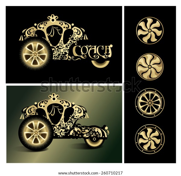 Vintage Royal carriage with gold and black\
ornament. Vector\
illustration.