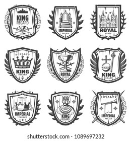 Vintage royal coat of arms set with king sword palace crown monarchy orb scepter trumpet throne regard isolated vector illustration