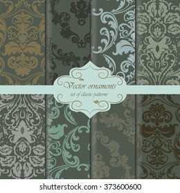 Vintage Royal Damask ornament pattern set green colors. Vector