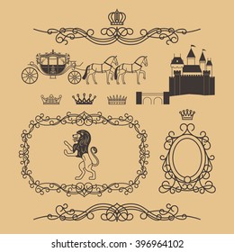Vintage royal elements and princess decor elements in line style. Vintage royalty frame with crown, princess castle and royal lion. Vector illustration