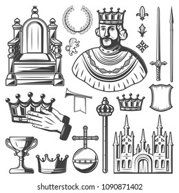 Vintage royal elements set with king throne laurel wreath sword lance crown trumpet monarchy orb castle shield scepter cup isolated vector illustration