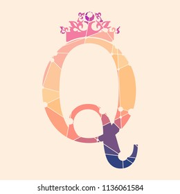 Vintage royal emblem with Q letter silhouette. Medieval queen crown. Fashion branding emblem. Textured by connected lines with dots.