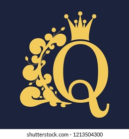 Vintage royal emblem with Q letter silhouette decorated by floral pattern. Medieval queen crown. Fashion branding emblem