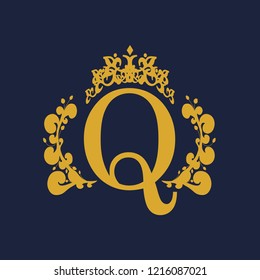 Vintage royal emblem with Q letter silhouette decorated by floral pattern. Medieval queen crown. Fashion branding emblem