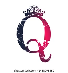 Vintage royal emblem with Q letter silhouette. Medieval queen crown. Fashion branding emblem. Textured by connected lines with dots.