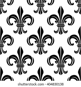 Vintage royal fleur-de-lis black and white seamless pattern of victorian floral composition, adorned by swirls and flourishes. Interior, textile or wallpaper design