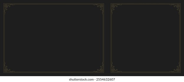 Vintage royal flourishes golden vignette ornament frame with corner set vector illustration. Elegant luxury swirl floral motif Victorian calligraphic border for text decoration wedding greeting card