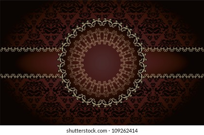 Vintage Royal Frame on Damask floral wallpaper. Seamless background