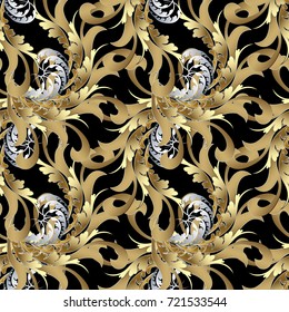 Vintage royal seamless pattern. Gold Baroque wallpaper. Floral vector background. Rich antique flowers, scroll leaves and gold silver ornaments in Baroque Victorian style. Surface vector texture.