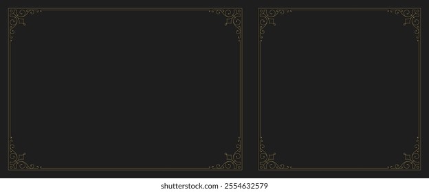 Vintage royal Victorian filigree floral ornament frame with corner set vector illustration. Luxury golden vignette calligraphic border for text decoration wedding card emblem signage