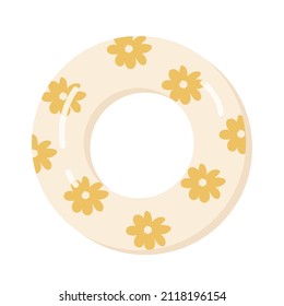 Vintage rubber ring with yellow flowers. Swimming ring. Summer, beach vacation. Inflatable swimming pool toys. Vector illustration in cartoon style. Isolated on white background.