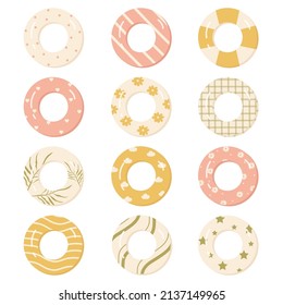 Vintage rubber rings set. Swimming ring collection. Summer, beach vacation. Inflatable swimming pool toys. Vector illustration in cartoon style. Isolated on white background.	
