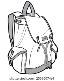 Vintage rucksack flat sketch vector illustration technical cad drawing template