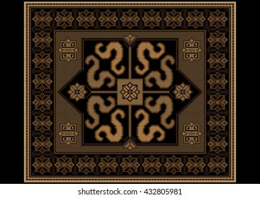 Vintage rug in brown and black shades with ethnic pattern dragons 
