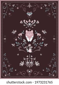 Vintage rug tribal ornament pattern with fox, bugs and flowers. Aztec towel, yoga mat. Vector lace Henna tattoo style. Can be used for textile, greeting card background, fabric bedding print