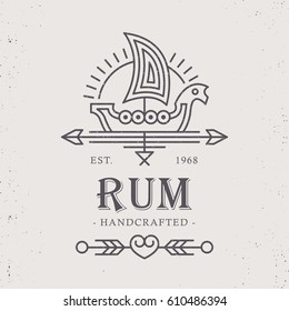 Vintage rum label design with ethnic elements in thin line style. Alcohol industry emblem, distilling business. Monochrome, black on white.