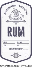 Vintage rum label with ethnic elements in thin line style. Alcohol industry emblem, distilling. Monochrome, black on white. Place for text