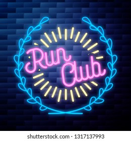 Vintage run club emblem glowing neon sign on brick wall background