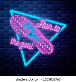 Vintage run club emblem glowing neon sign on brick wall background