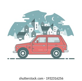 Vintage rural colour suv 4x4. Car side view. Flat cartoon isolated illustration. City view background. Vector car with backgound for graphic and web design.