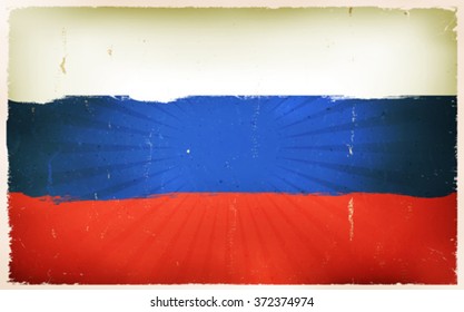 Vintage Russian Flag Poster Background/
Illustration of a russian flag poster, white, blue and red, with retro vintage design, grunge textures and sunbeams, for federation of russia national holidays