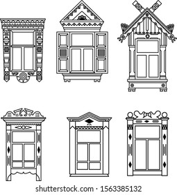 Vintage russian wooden windows, pattern, platband ornament. Rhombic ornament. Carved window plat band. 