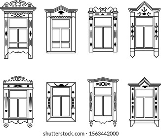 Vintage russian wooden windows, pattern, platband ornament. Rhombic ornament. Detail of Russian traditional wooden house. Carved window plat band. 