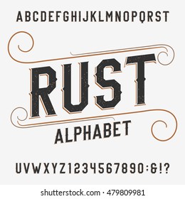 Vintage Rust Alphabet Font. Distressed Effect Letters And Numbers On A Bright Background. Retro Vector Typeface For Labels, Flyers, Headlines, Posters Etc.