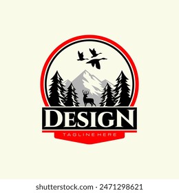 Vintage rustic badge featuring classic hunting logo design, adorned with mountain, duck, deer, and trees imagery.