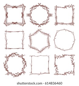 Vintage rustic branch frame borders, hand drawn vector set