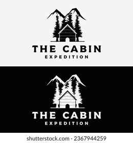 Vintage rustic cabin or cottage logo design with forest and mountain views.
