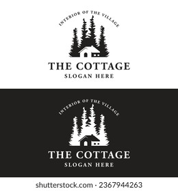 Vintage rustic cabin or cottage logo design with forest and mountain views.