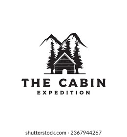 Vintage rustic cabin or cottage logo design with forest and mountain views.