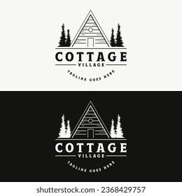 Vintage rustic cabin or cottage logo design with forest and mountain views.